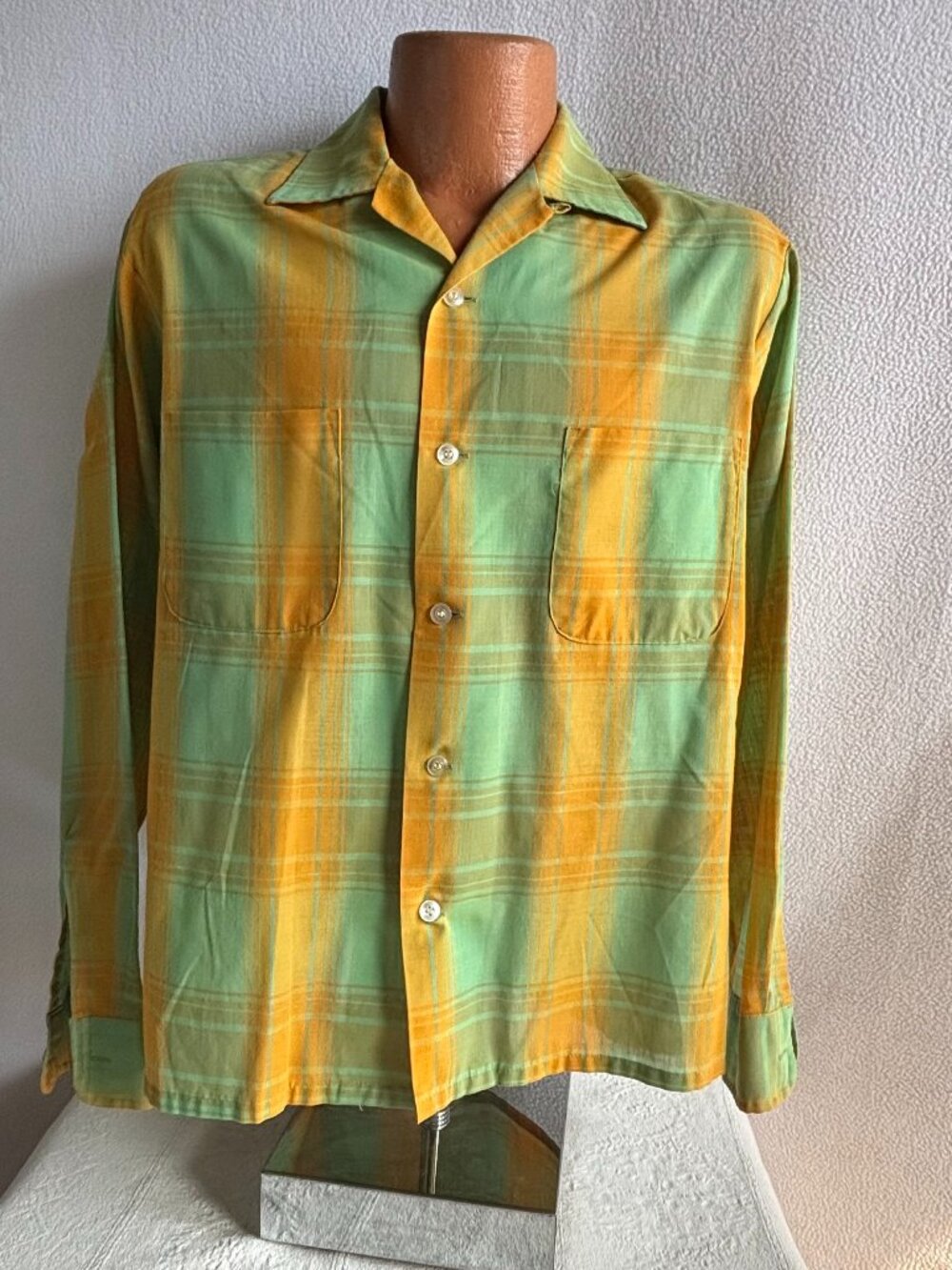 Vintage 1960s Plaid Loop Collar Long Sleeve Summer Shirt 44 Chest